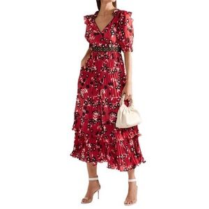 Self-Portrait Red Floral Print Pleated Midi Dress